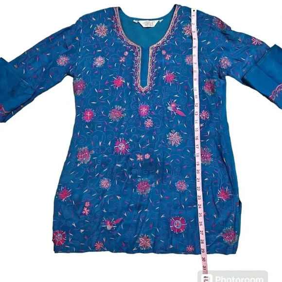 Biba Medium 42 90s Turquoise Floral Beaded Boho Ethnic Kurti Tunic Top Cottage - Picture 6 of 7